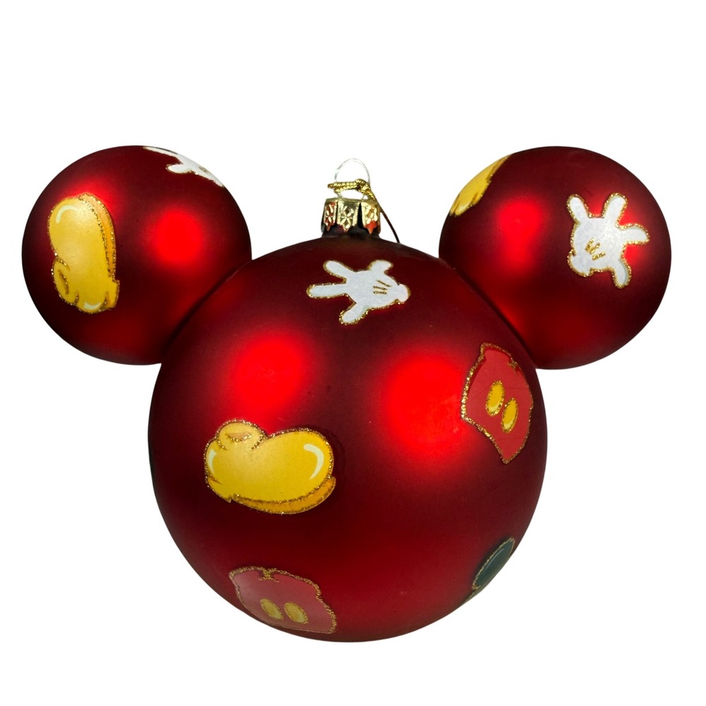 Disney Mickey Mouse Icon‎ Ornament Red Glass Glitter Holiday Decor Ears Gloves